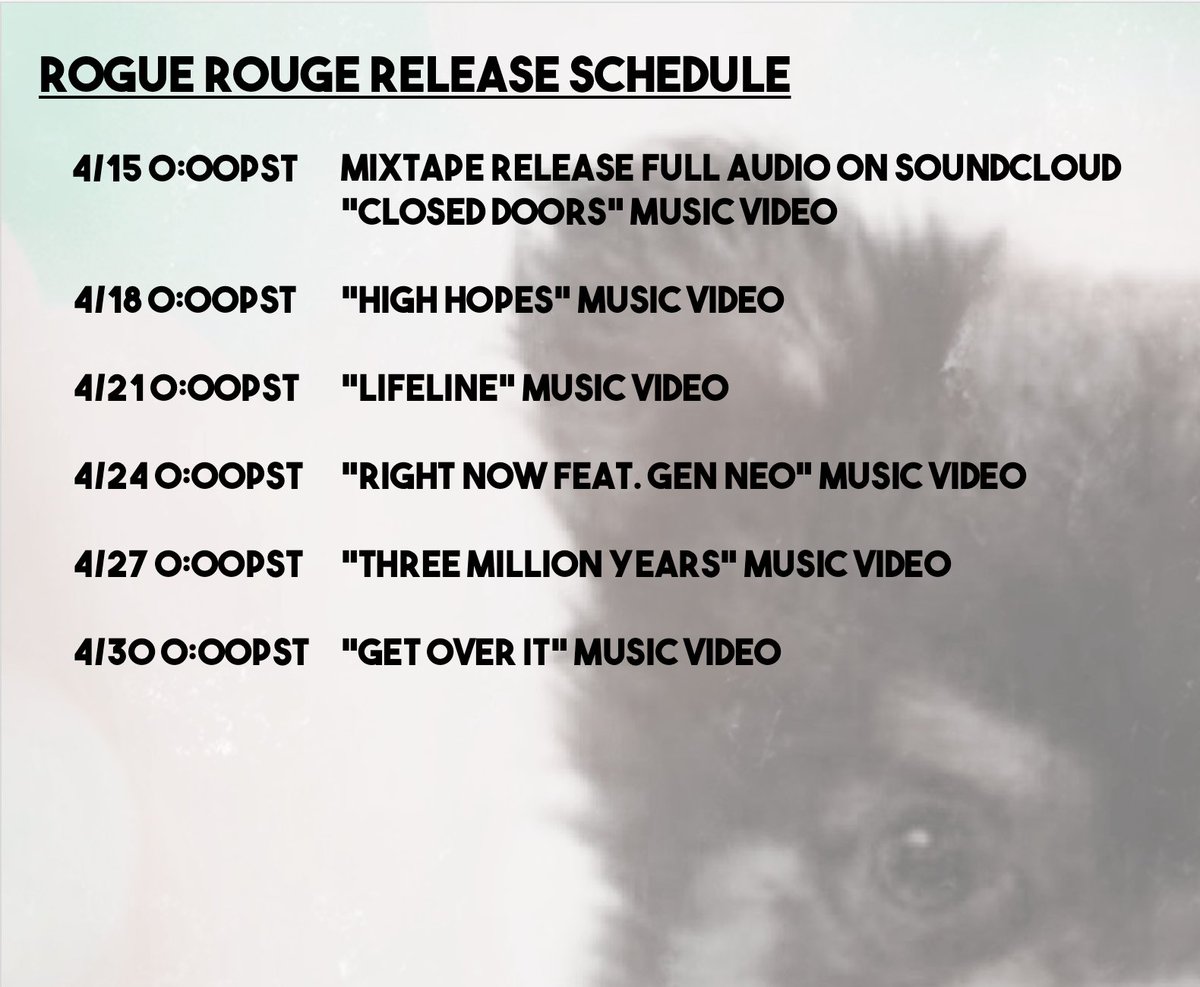 Amber Rogue Rogue mixtape release schedule: music videos from the 15th-30th of April